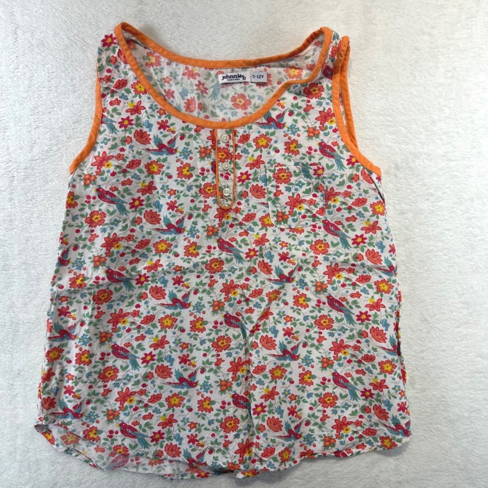 Cottagecore Johnnie B Floral Bird Henley Tank Top 11-12Y Boho Orange Trim